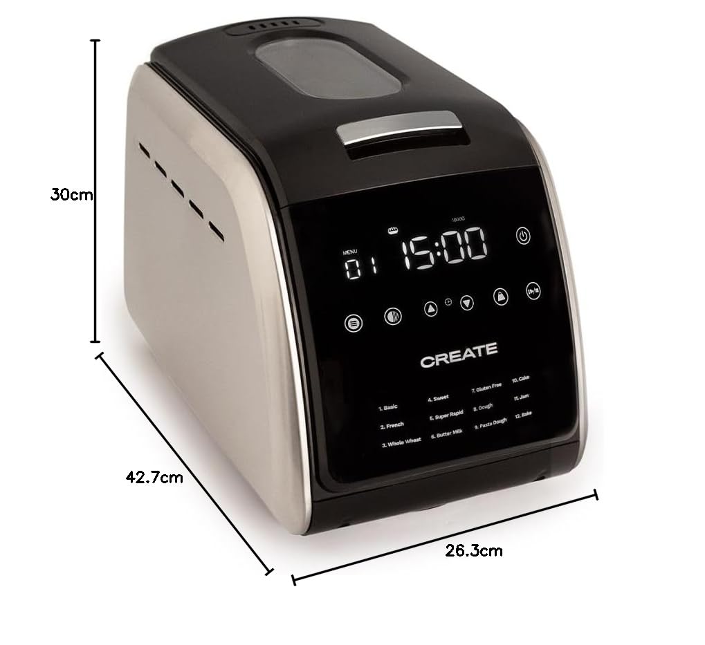 CREATE Chef Bread Automatischer Brotbackautomat 850 W / 12 Programme, LCD-Display, 15 Stunden programmierbar, inkl. Zubehör