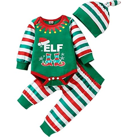 Baby Boys Elf Costumes Infant Christmas Outfits Long Sleeves Romper with Colorful Striped Pants & Hat 3PCS Set 12-18 Months Cover