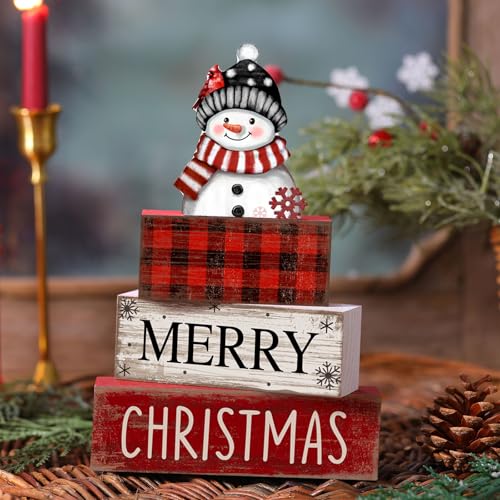 4 Pcs Christmas Table Decoration Wooden Snowman Christmas Tiered Tray Decor Red Buffalo Plaid Block Signs Snowman Table Centerpiece Farmhouse Winter Decoration for Home Kitchen Shelf - Image 3