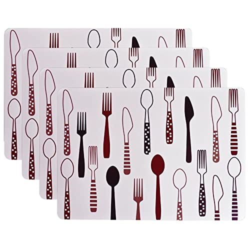 Image of Washable Table Place Mats Set of 6, Heat Insulation Non-Slip PVC Plastic Rectangular Placemats for Kitchen, Restaurants Dinning Room, 40 x 28.1 cm (Set of 4, Brown - Fork & Knife)