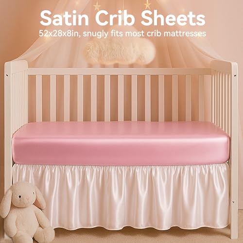 Image of 2 Pack Satin Crib Sheets Girl, Silky Baby Sheet 52''x28''x8'' Great for Sensitive Hair, Fitted Toddler Bed Cover (Pink & Purple)
