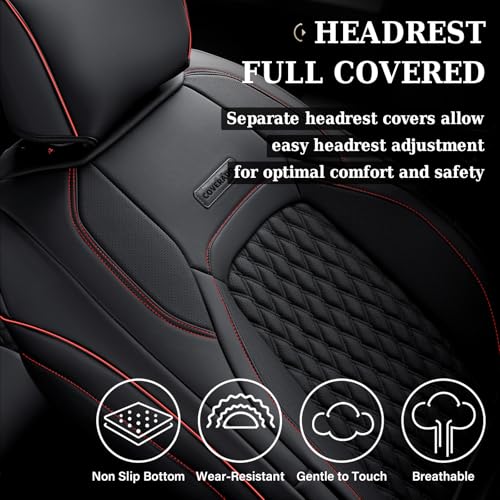 Image of Coverado Seat Covers for Jeep Wrangler, Custom Fit for Pickup Truck Jeep Wrangler Seat Covers 2 /4 Door, Waterproof Leather Car Seat Covers Cushions for 2013-2017 Jeep Wrangler Accessories, Red Line