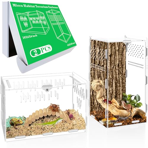 BREAKIX Micro Habitat Terrarium Enclosure, 2 Pack 6x6x10 & 10x6x6 Inches Clear Acrylic Mini Reptile Tank Habitat Terrariums with Locking Latch for Jumping Spiders Tarantula Insect Dwelling Reptiles