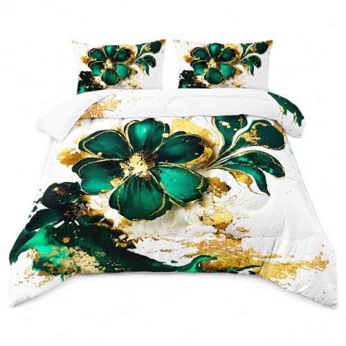 Image of AILONEN Marble Bedding Set Twin Size,Gold Green Floral Comforter Set,Marble Comforter Sets for Kids Girls,Luxury Lightweight Duvet Set 3 Pieces,1 Quilt and 2 Pillowcases