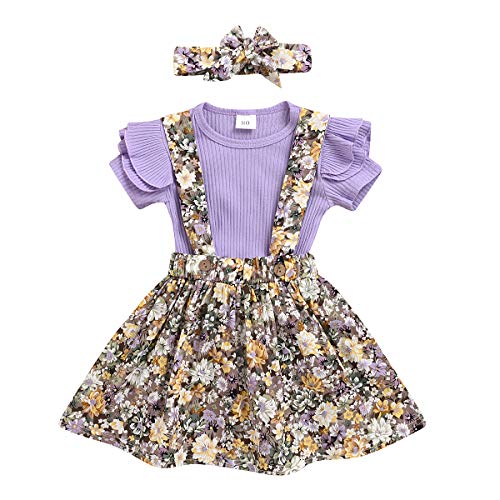 Toddler Girls Outfits 3pcs Baby Romper Clothes Set Girl Floral Jumpsuit+Strap Skirt Outfits