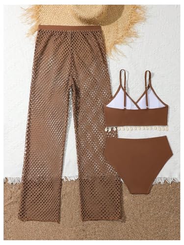 SweatyRocks Girl's 3 Piece Swimsuit Fringe High Waist Bathing Suit with Beach Cover Up Pants2