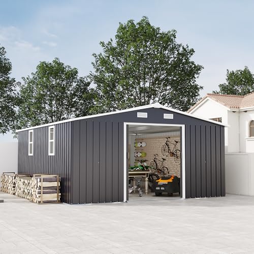 Image of KEIKI 10' x 12' Metal Garden Storage Shed with Foundation Kit, Double Door Outdoor Tool Shed with 2 Windows, Color Steel Construction, Dark Gray