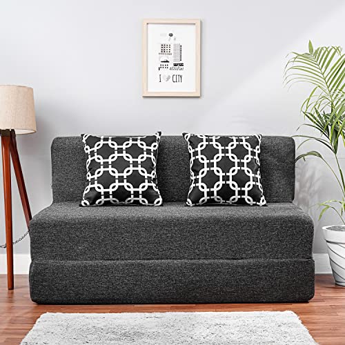 Image of Convertible Fabric Sofa Cum Bed | Foldable Double Foam & Washable Cover with Cushions | Modern Design Use Living Room & Guest Room (Dark-Grey-Multi-Chain, 4X6 Ft)