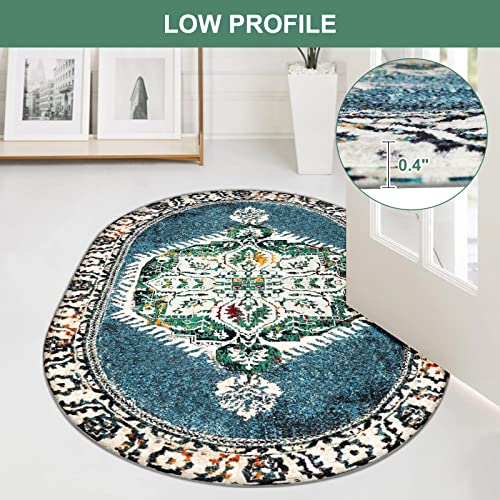 Boho Small Rug 2'X3', Washable Persian Distressed Doormat Faux Wool Bohemian Oval Round Area Rug Soft Low Pile Entryway Floor Rug Nursery Carpet Green Rug For Bedroom Bathroom Kitchen Office Dorm #TOP4