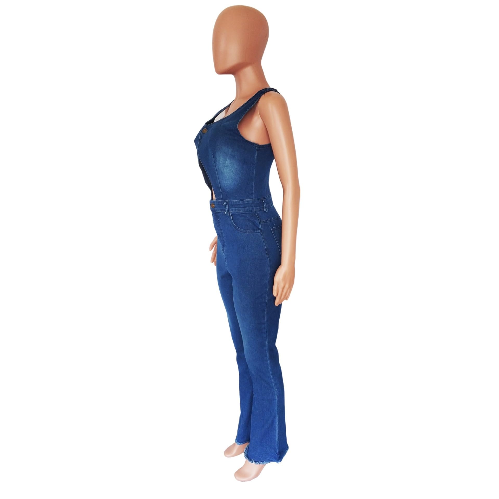 Combinaison en Denim Ajourée pour Femmes Sexy Col Rond sans Manches Fermeture À Boutons Moulante Pantalon Long Évasé Jumpsuits Streetwear