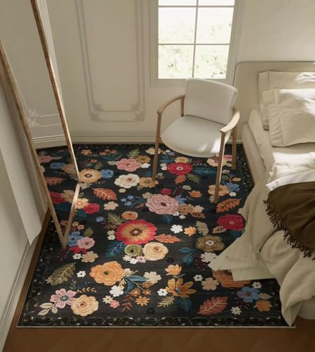 4x6 Bedroom Area Rug Washable: Entry Throw Rug Stain Resistant Floral Rug Non Slip Low Pile Small Carpet for Bedroom Kitchen Entryway Living Room Bedside Office Dorm Kids Room