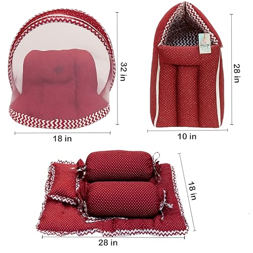 Image of Fareto Combo of Baby Bed with Net | Carry Bag | 4 Pcs Bedding Set (0-6 Months, Baby Size, Cotton) (Red Polka)