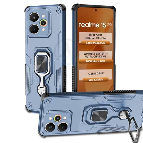 Image of AESTMO Armor Back Cover for Realme 15 5G / 15 Pro 5G | Ring Holder & Kickstand & Camera Protection in-Built | 360 Degree Protection Back Case Cover (Blue)