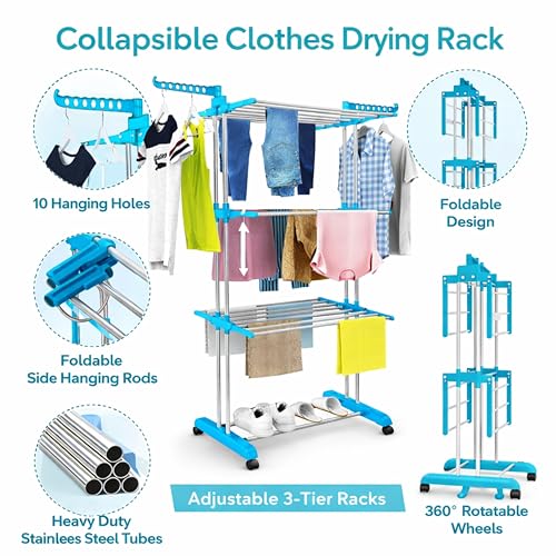 Image of JIALTO Foldable Clothes Drying Stand with Wheels, 3 Layer Heavy Duty Stainless Steel Cloth Dryer Stand, Multi Tier Big Size Garment Dryer for Bedroom, Balcony & Outdoor Use