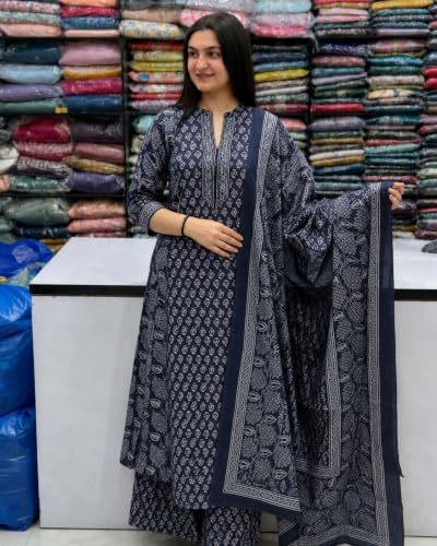 Image of GoSriKi Kurta Sets for Women Viscose Blend Printed | Kurti Set for Woman | Kurta Palazzo Dupatta Set | A Line Kurti | Mandarin Collar 3 /4 Sleeve Suit Set for Women Stylish Ethnic Outfit