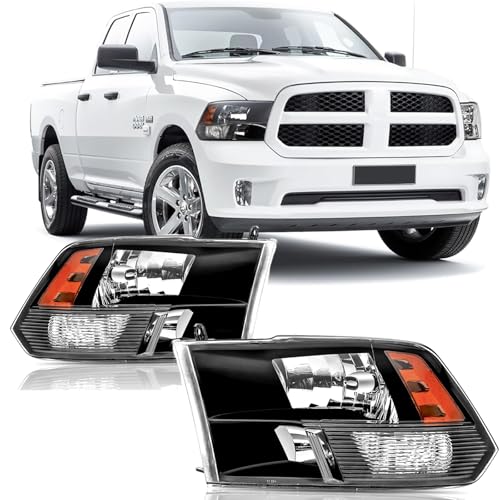 APSVE Headlights Assembly compatible with 2009-2018 Dodge Ram 1500,2010-2018 Ram 2500 3500 Halogen Head light Headlamp Replacement, Black Housing Amber Corner