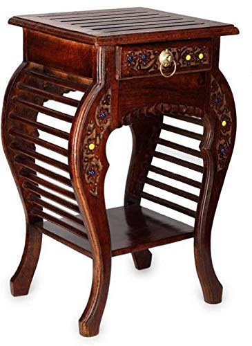 WOODE Side Table for Living Room with Drawer Multipurpose End Table Bedside Table Enhanced Floral Carved || Cherry,14 x 12 X 21 INCHES-image-8