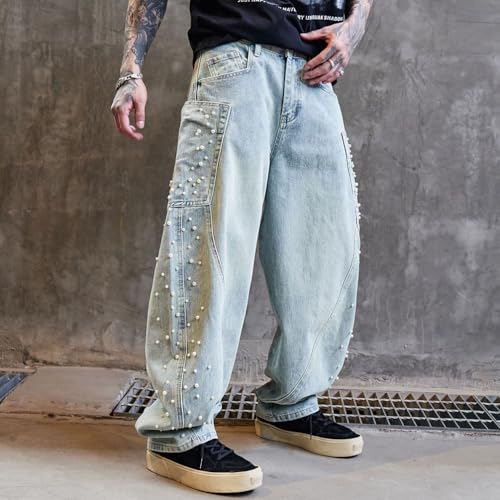 Men Baggy Pearl Jeans Casual Wide Leg Denim Pants Streetwear2
