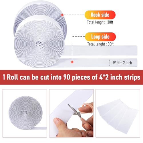 Image of 30Ft *2 Inch Hook and Loop Tape with Adhesive Back, Heavy Duty Double Sided Adhesive Strips, Strong Sticky Strips Roll for Home /Office /School /Car, White