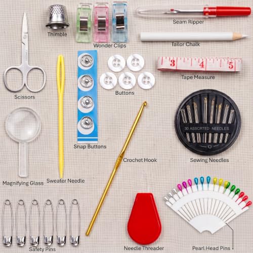 Image of 119-Piece Travel Sewing Kit for Adults & Kids, Small Needle & Thread Kit | Mini Emergency Repair Sewing Kit, Beginner Set with Multicolor Thread, Needles, Scissors, Thimble, Clips & Travel Case