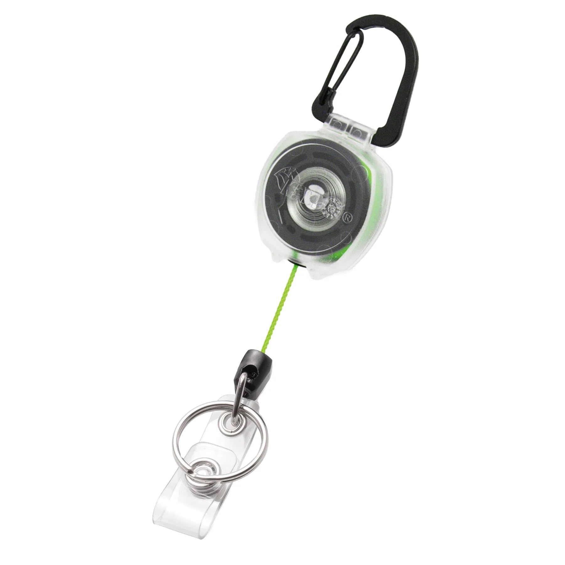 KEY-BAK Clear Sidekick Retractable Carabiner Keychain with Color Cord & Badge Strap – Holds Up to 5 Keys (Green)