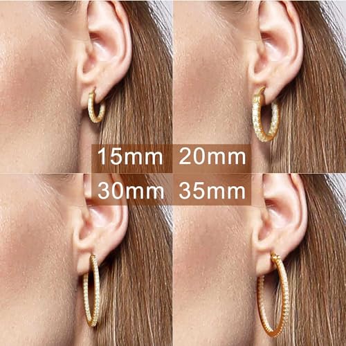 Gold Earrings 14K Gold Hoop Earrings for Women with Dual-sided Cubic Zirconia Hoop Earring for Women Sensitive Ears Hypoallergenic Womens Hoops Earring 15/20/30/35mm2