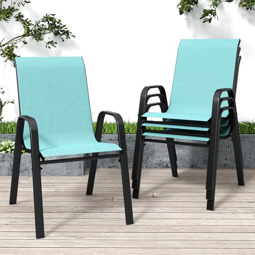 Image of Patio Chairs Set of 4, Stackable Outdoor Dining Chairs for All Weather Textilene Fabric & Metal Frame, Outdoor Chairs Set for Backyard Deck Garden