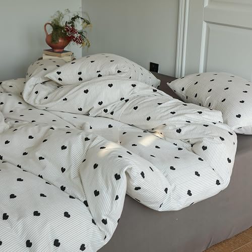 Freyamy Herz Bettwäsche 155x220 Herzen Weiß Schwarz Gestreift BettwäscheSet – Ansicht 6
