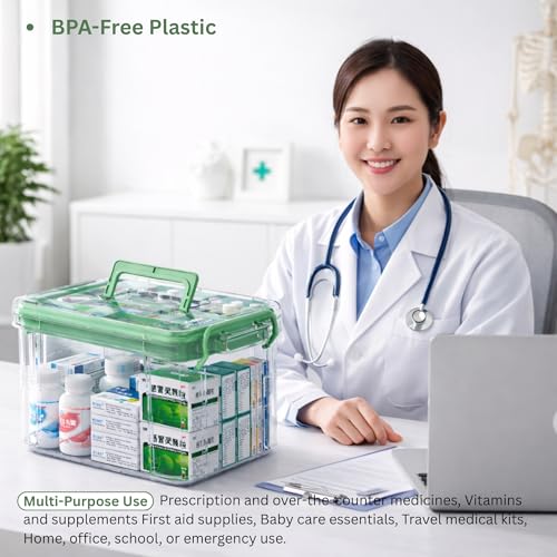 Image of HoopVool Plastic Medicine Storage Box Organizer, Family Emergency Kit Portable Lockable Container for, Art Craft and Household Organizer (Green, Large)