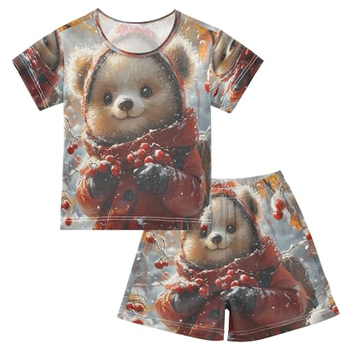 ALAZA Cute Bear Fruit Snow Pajamas Set Short Sleeve Cotton Sleepwear Summer Pjs 2 Piece 5-14Y