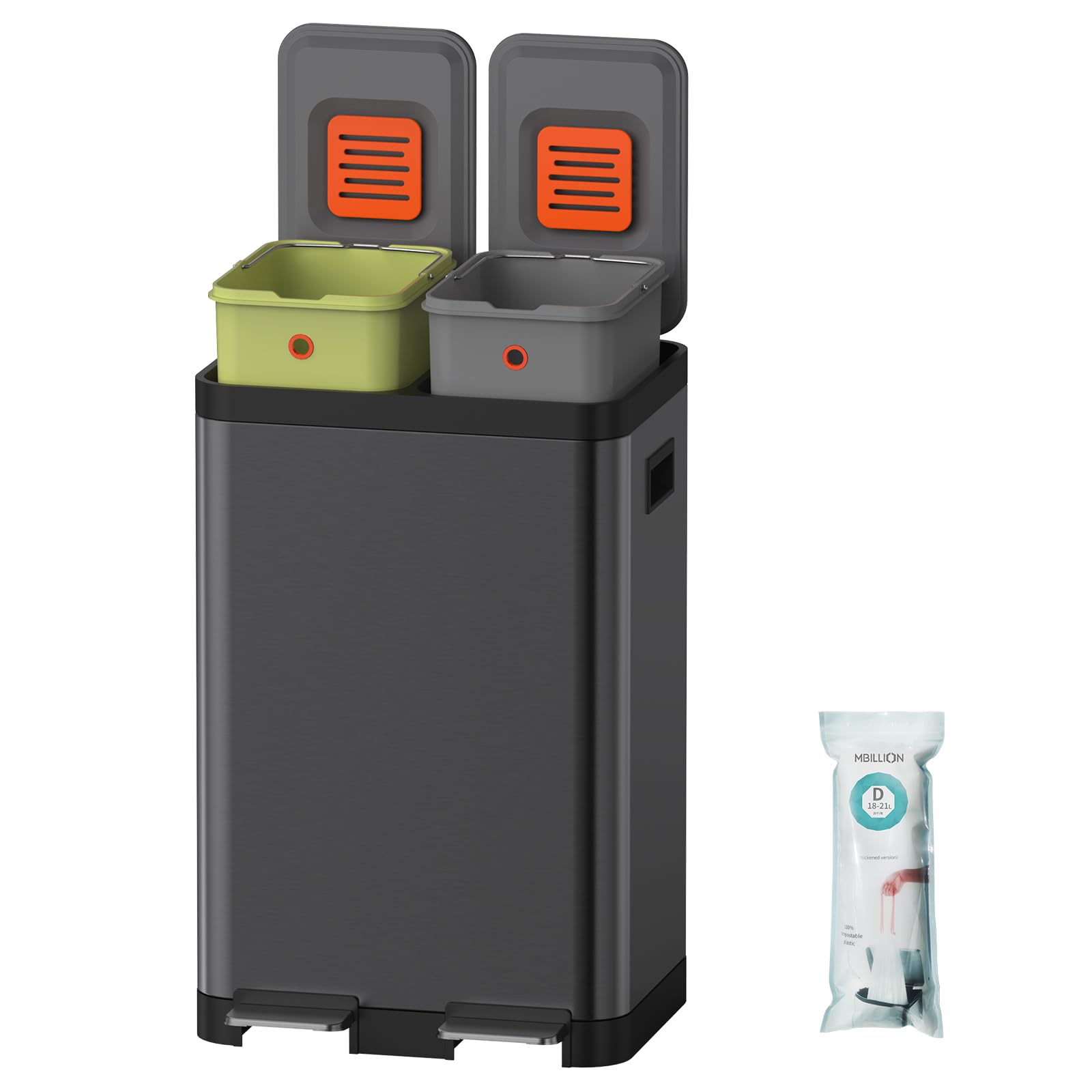 Mbillion Kitchen Bin, Dual Step Trasn Can & Garbage Recycling Bins, Stainless Steel, with Removable Inner Buckets, for Home, Office (20+20L Black)