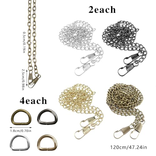 suaywo 8 Items Handbag Chain Strap 120 cm Bag Chain Strap Handbag Chain Gold Bag Chain Comes with 16 D-Rings Long Bag Chain Straps Suitable for Shoulder Bags and Crossbody Cags (4 Colors) - Image 2