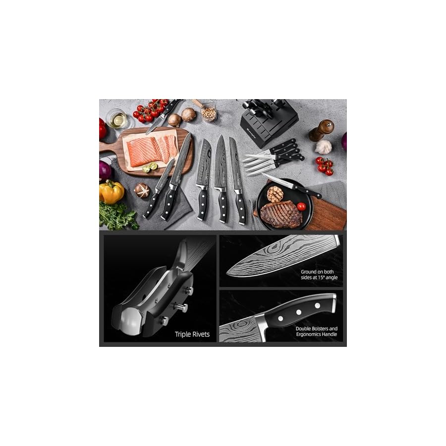 Knife Set, Emojoy 18-Piece Knife Sets for Kitchen with Block, Stainless Steel Kitchen Knives with Built-in Sharpener, Kitchen Shears and Carving Fork, Black