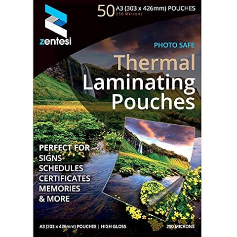 Zentesi A3 Laminating Pouches High Gloss Laminator Sheets 250 Micron (125 + 125 Microns) Glossy Laminate Pouch Sleeves - Pack of 50 Cover