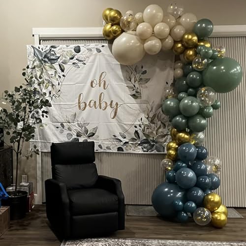 Image of Green Blue Balloons Sage Beige Gold Balloons Jungle Woodland Party Decorations Dusty Blue Green White Balloon 60pcs 12inch Latex Balloons Gold Confetti Helium Safari Wild One Dino Birthday DIY