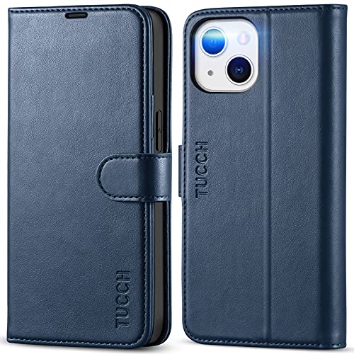 Image of TUCCH Wallet Case for iPhone 13 (6.1 inch) 2021, 3 Card Slots, Dark Blue | RFID Blocking, Viewing Stand, Shockproof TPU Shell, PU Leather, Magnetic Closure, Protective Folio Flip Cover