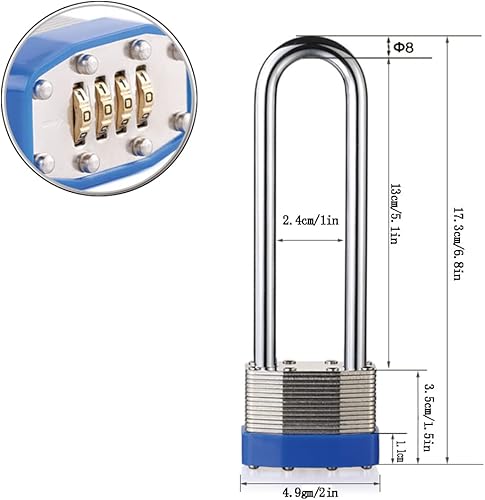 Miniatura 3 de Candado, cerradura de combinación, laminado, con grillete largo, código de 4 dígitos, cerradura de casillero de gimnasio, cerradura de manija de