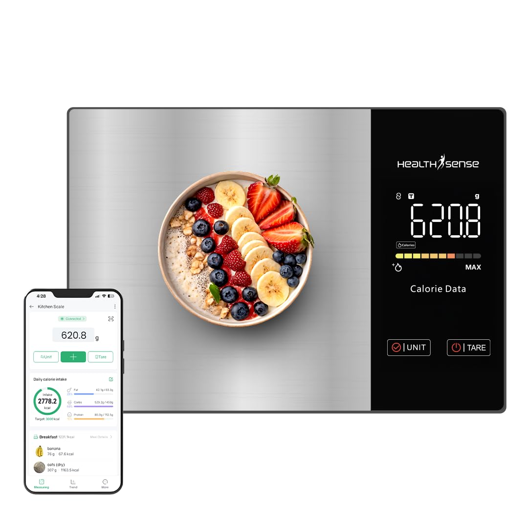 HealthSense Kitchen Weighing Machine for Food|Digital Weight Scale for Home with Nutritional Calculator App 24 Nutrients LED Display Tare Function Stainless Steel Platform |1Year Warranty(KS100)