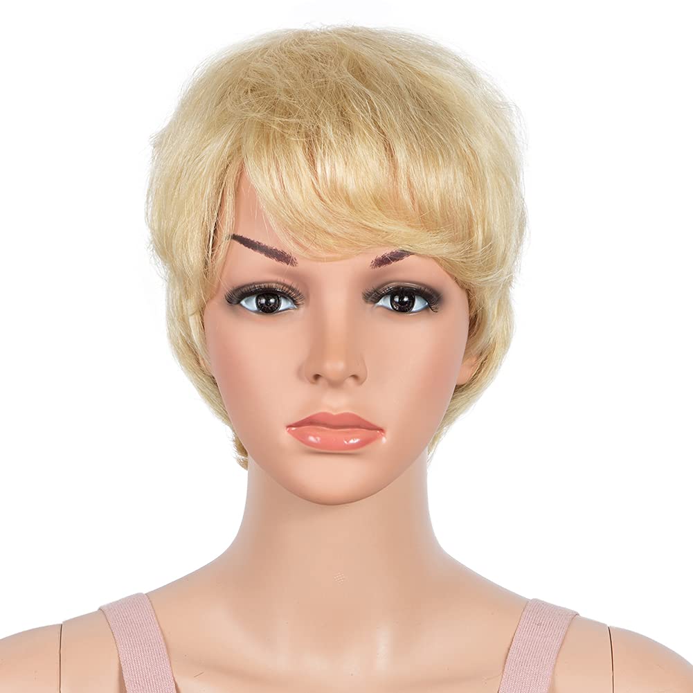 Joedir Pixie Cut Short Human Hair Wig with Bangs for Women Pixie Wigs Machine Made Layered Wavy Brazilian Hair 130% Density(613 Blonde Color)-image-37