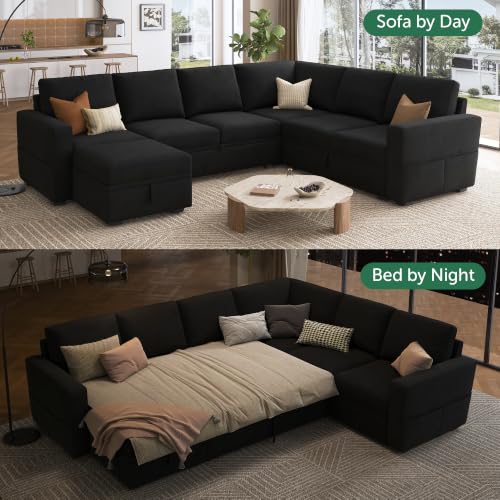 Image of HONBAY Sectional Sleeper Couch with Pull Out Bed, U Shaped Sectional Sofa with Storage, Modular Velvet Sectional Couches for Living Room, Black