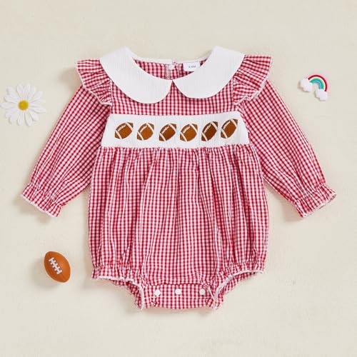 Newborn Baby Girl Football Outfit Embroidery Smocked Bubble Romper Long Sleeve Bodysuit Fall Clothes4