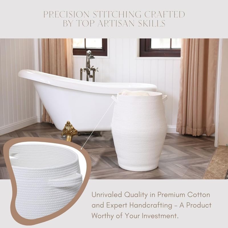 Image of Large Basket Natural Cotton Rope Storage Basket and Hamper for Cloths and Multi Usage in Living Room, Bedroom, Laundry Room (Size - 15 inch x 15 inch x 18 inch) (White With Lid)