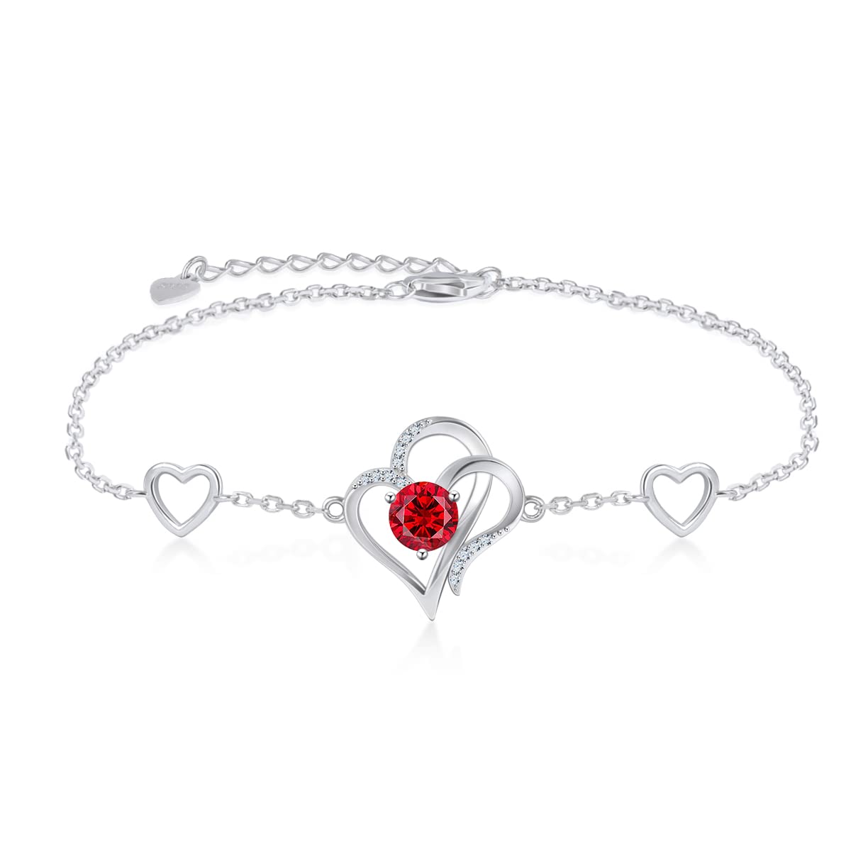 RIVIKO Love Heart Charm Bracelet For Women 925 Sterling Silver With Zirconia Birthstone Bracelets Adjustable Link for Mother Wife Sister Birthday