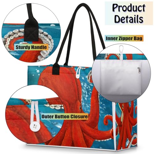 Watercolor Octopus Tote Bag for Women Large Beach Bag Reusable Grocery Bags Tote Bag for Work Shopping Travel Beach4