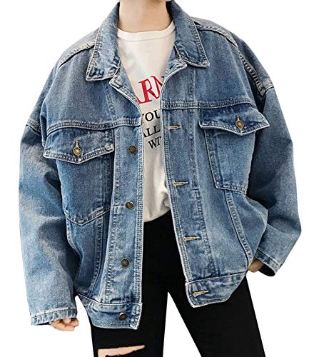 Flygo Women Distressed Boyfriend Denim Trucker Jacket Oversized Loose Cowboy Jean Coat