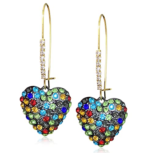 Chic Unique Sparkly Colorful Crystal Heart Dangle Drop Earrings 14 Gold Hypoallergenic Heart Dangle Hoop Earrings for Women Valentines Day Gifts