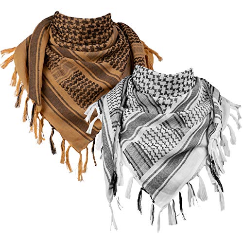 FREE SOLDIER 100% Baumwolle Shemagh Military Tactical Keffiyeh Desert Kopf Halstuch 110 x 110 cm Arab Wrap mit Quaste für Herren & Damen(Weiß & Braun Set)