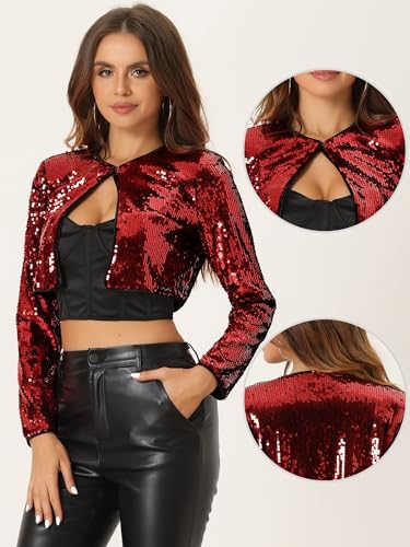 Image of Allegra K Sequin Bolero Shrugs for Women's Slim Fit Christmas Party Club Collarless Sparkly Crop Jackets