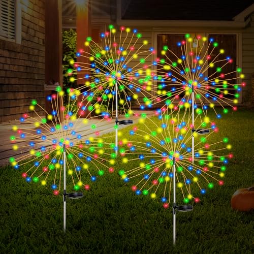 XEERUN Solar Garden Lights Outdoor, 4PCS Solar Firework Garden Lights, 8 Modes, 150 LED Waterproof Firework Starburst Lamp for Lawn Pathway Patio Yard Party Backyard, Multicolor
