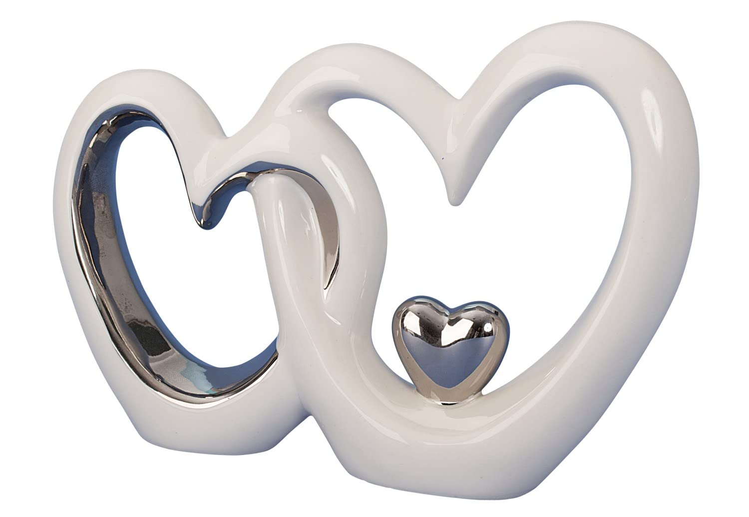 Lifestyle & More Escultura Moderna Deco Figura en Forma de Dos Corazones cerámica Blanco/Plata 19x13 cm